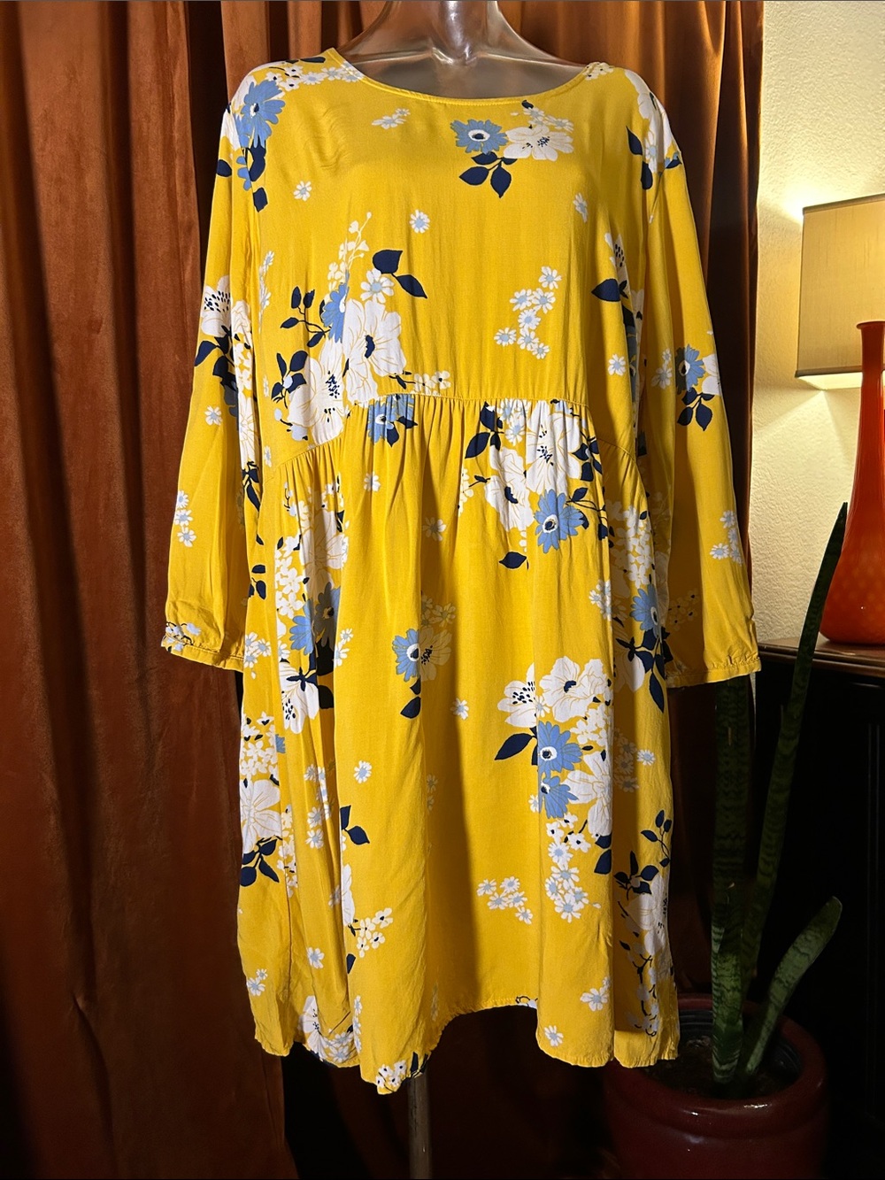 Old Navy Yellow Floral Long Sleeve Midi Dress